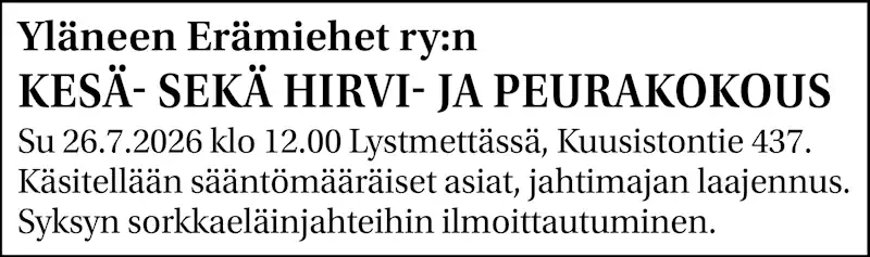 KESÄ- SEKÄ HIRVI- JA PEURAKOKOUS